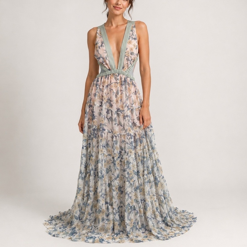 Hello Molly Forward Fashion Maxi Dress S Floral Cutout Criss Cross Back Boho - Picture 1 of 12